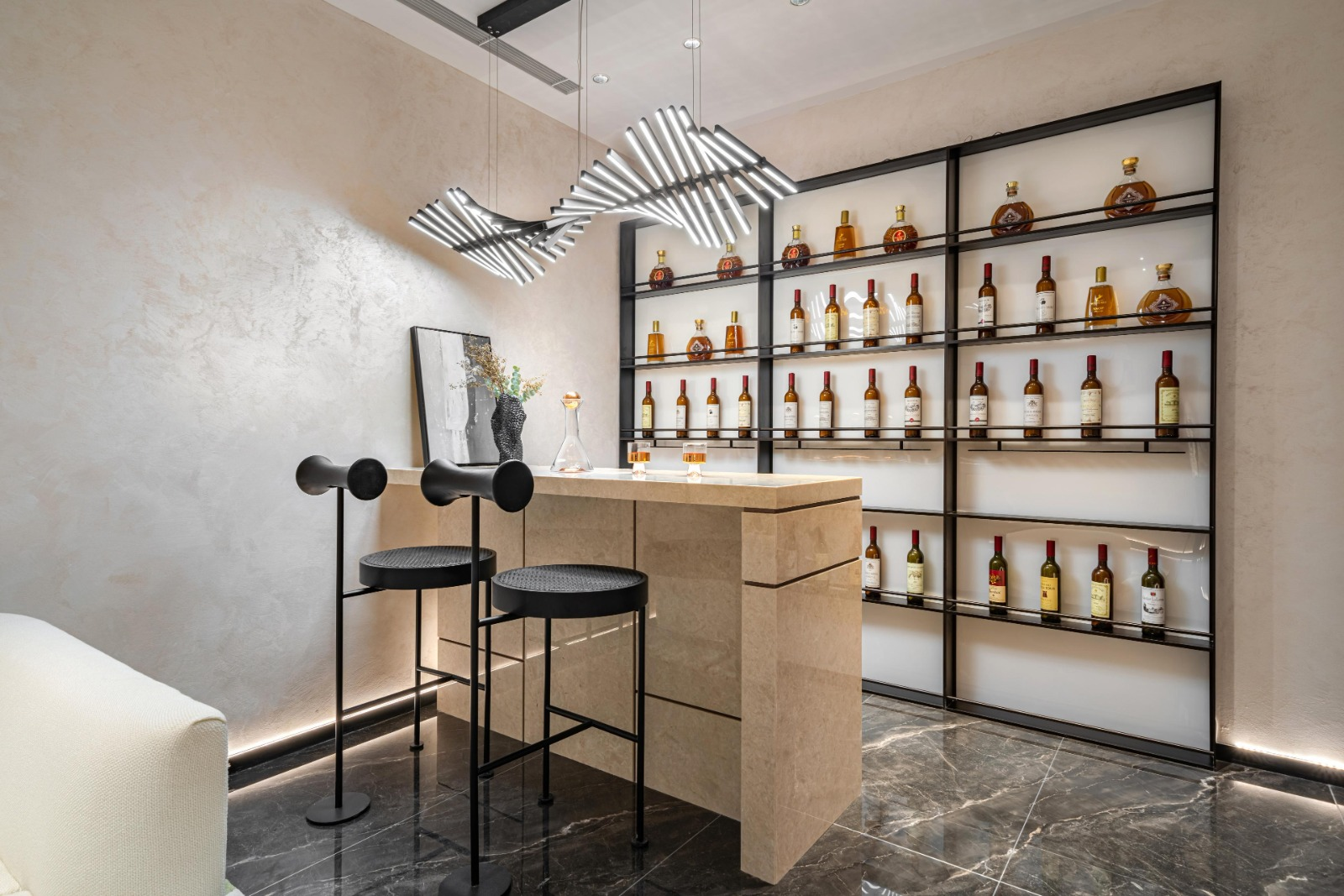 Bar, stools and display shelving