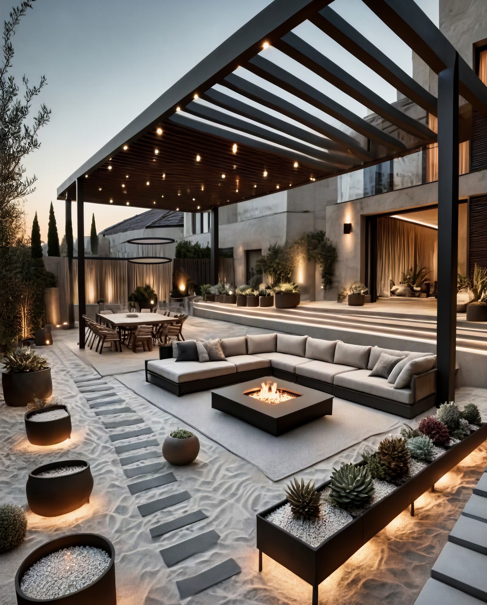 Outdoor courtyard with sectional sofa, fire table and dining set